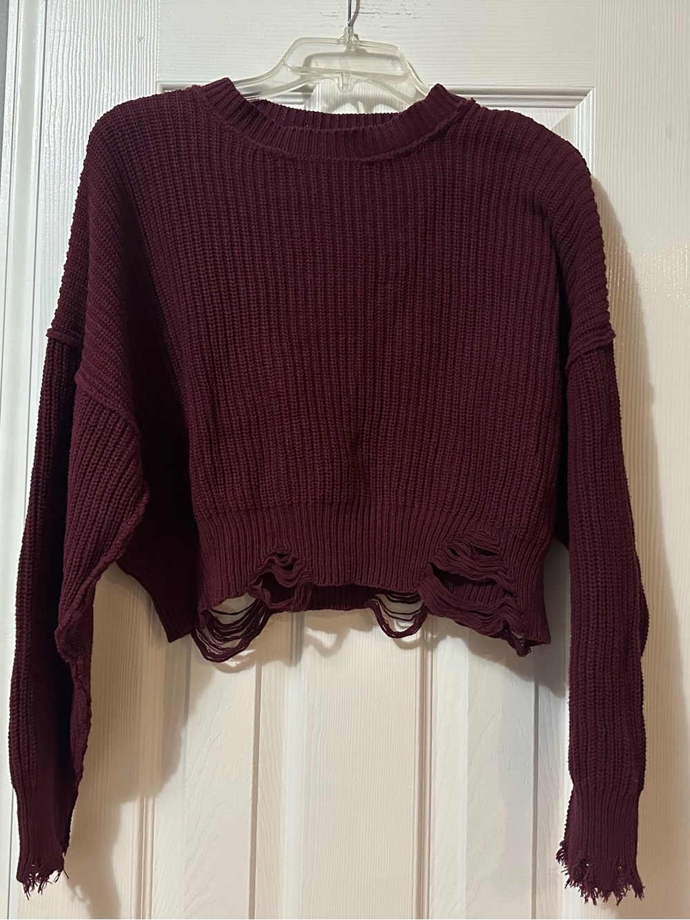 Forever 21 Burgundy Distressed Cropped Crewneck Sweater
